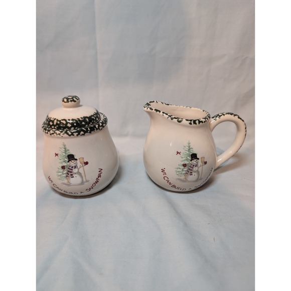 "We Can Build a Snowman" Stoneware Sugar Bowl and Creamer Set - Picture 1 of 4